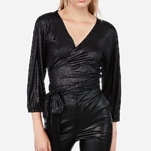 Metallic Tie Front Wrap Blouse